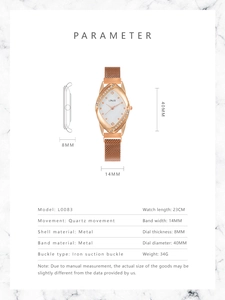 Detailed specs of rose gold quartz watch with diamond bezel and Milanese magnetic band