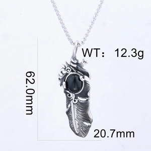 Detailed dimensions of silver feather pendant with black gemstone showing size and weight