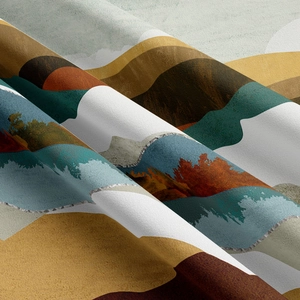 Macro shot of abstract mountain print on high-density fabric with rich woven texture