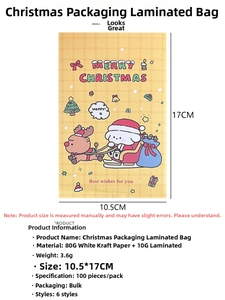 Close-up of Christmas paper bag dimensions 10.5x17cm with cute cartoon deer and santa prints