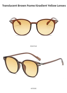 Detail of round tea frame sunglasses with gradient yellow lenses and silver accents