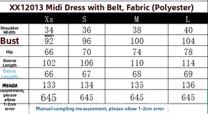 Size chart for long sleeve midi dress with belt showing shoulder, bust, and waist measurements