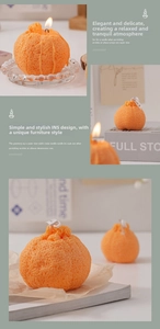 Primer plano de vela aromática con textura realista de cáscara de naranja y mecha de algodón