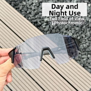 Detail of photochromic sports sunglasses showing large lens for day and night use