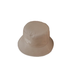 Detail of CALIFORNIA embroidery on khaki twill cotton bucket hat with multi-row stitching