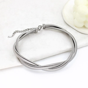 Detailed close-up of a silver double-layered snake chain choker with an adjustable clasp