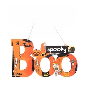 Detail of wooden Boo and Spooky Halloween hanging sign with pumpkin and bat motifs