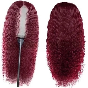 Detail view of burgundy deep wave long curly wig with lace front from front and back angles