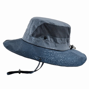 Deep blue wide brim outdoor sun hat with breathable mesh sides and adjustable wind cord