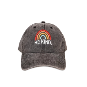 Detail shot of rainbow embroidery and Be Kind text on charcoal washed cotton baseball cap