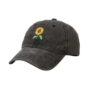 Vintage washed dark grey baseball cap featuring a yellow sunflower embroidery