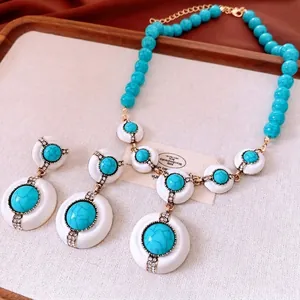 Parure de bijoux vintage turquoise avec collier à pendentif rond strass et boucles d'oreilles