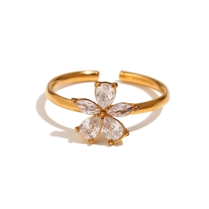 18K gold plated stainless steel open ring with micro-pave zirconia flower design