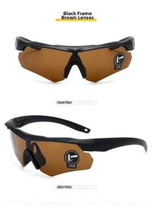 Macro detail of black frame tactical goggles with brown anti-explosion lenses