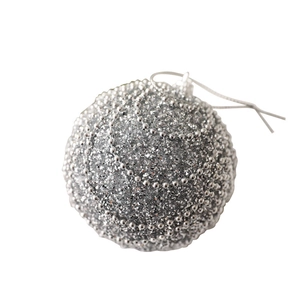 Sparkling white foam Christmas ball ornament with silver glitter and beaded spiral pattern