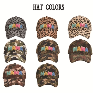 Variety pack of camouflage and leopard print MAMA baseball caps with chenille patches