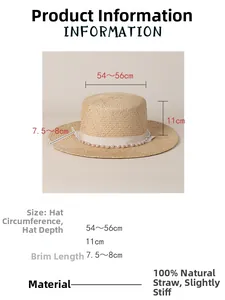 Size guide for a flat-top straw hat with pearls, made of 100% natural grass