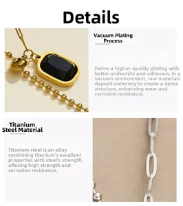 Detail of titanium steel necklace with gold vacuum plating and black square gemstone
