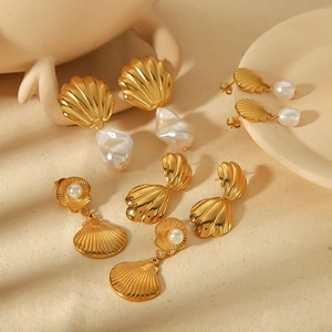 Shell Artificial Pearl Earrings Stainless Steel 18K Gold Plated Elegant Sea Style Vintage Statement Jewelry For Women