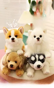 Detailed view of four soft plush puppy toys stacked in a cozy velvet pet bed