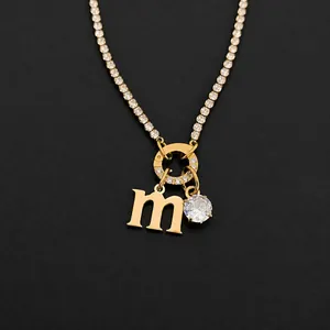Stainless Steel Initial Letter Pendant Necklace For Women 14K Gold Plated Rhinestone Tennis Chain Personalized DIY Jewelry