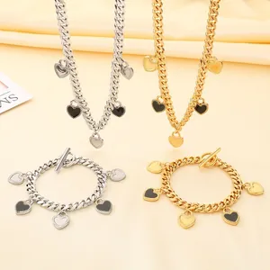 Collier Et Bracelet En Acier Inoxydable Avec Pendentif En Cœur Chaîne Cubaine Émail Plaqué Or 18K Mode