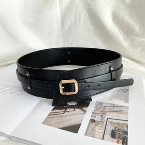 Chic black PU leather waist belt for women with gold square buckle and rivet details