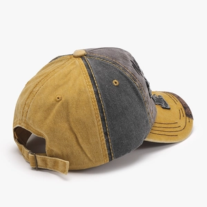 Vintage distressed washed cotton baseball cap featuring patchwork embroidery and two-tone design