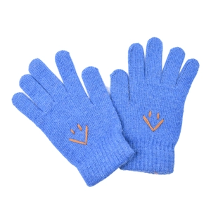 Detail of blue knitted gloves featuring orange smiley face embroidery and warm texture