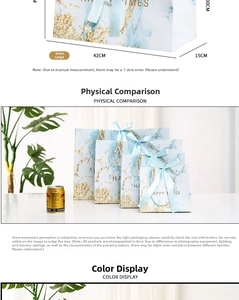 Extra large blue marble gift bag with gold foil accents and satin bow 42x30x15cm