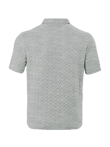 Flat lay back view of grey men's Polo shirt showing detailed jacquard herringbone texture