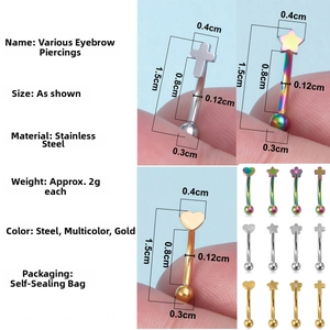 Detailed size chart and multi-shape stainless steel eyebrow piercings with measurements
