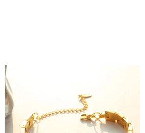 Macro shot of gold-toned titanium steel bracelet showing the lobster clasp and extension chain