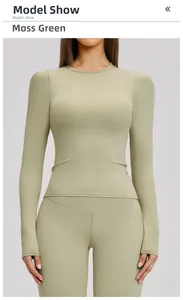 Detailed view of women's moss green long sleeve yoga set in high elasticity fabric