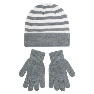Detail of children's grey and white striped knit beanie and matching gloves set