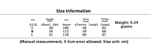 Size guide table for loose V-neck cotton coat with measurements for S, M, and L sizes