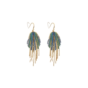 Elegant gold leaf earrings featuring emerald tassels and blue crystal beadwork on white