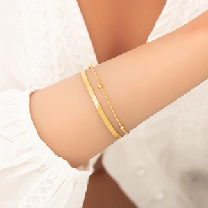 Elegant 18K gold plated stainless steel double layer bracelet with snake chain and beads