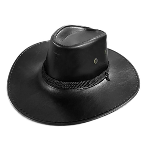 Chapeau de cowboy western classique en cuir noir avec bande de corde et bord large