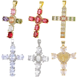 Copper cross pendants with zircon and colorful gems in six vintage styles on white background