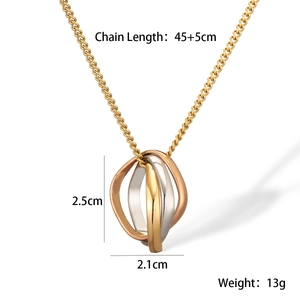 Three-tone interlocking circle necklace with chain length and pendant size details