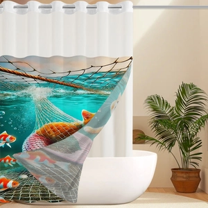 Detail of waffle weave shower curtain with underwater cat and goldfish print and metal grommets
