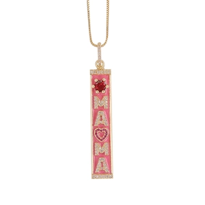 Gold-plated rectangular MAMA pendant necklace with pink enamel and zircon stones