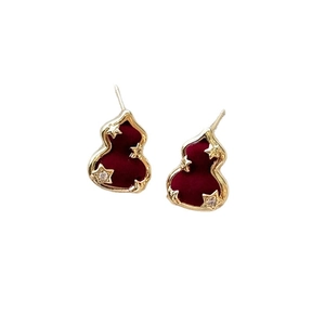 Red flocked gourd earrings with gold star patterns and sparkling zircon accents