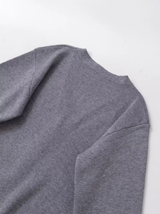 Macro view of grey knit cardigan showing soft collar details and texture