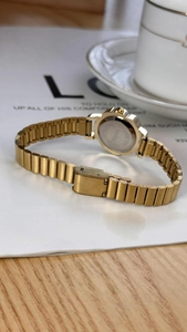 Close-up of vintage gold watch stainless steel back with engraved brand and logo detail