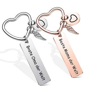 German Lettering Beste Oma Mama Der Welt Keychain Stainless Steel Heart Angel Wing Pendant Rose Gold Silver Keyring Jewelry Gift