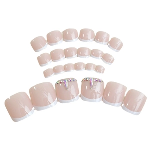 French style nude pink false toenails set with sparkling rhinestones and crystal gems