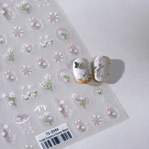 Floral nail stickers TS-3944 with pink plaid and white jasmine flowers design