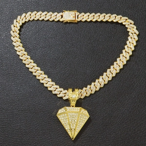Hiphop style gold plated 3D pyramid pendant necklace with sparkling cuban chain